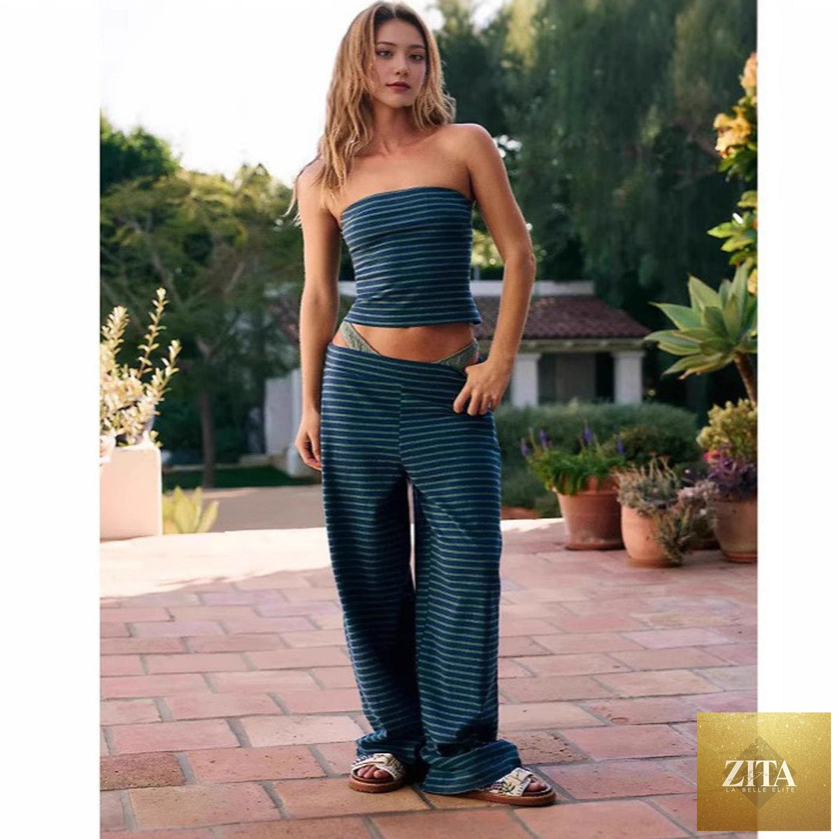 Women's striped tube top and pants set by Zita La Belle Elite, casualwear, made of modal fabric, stylish matching two-piece outfit.