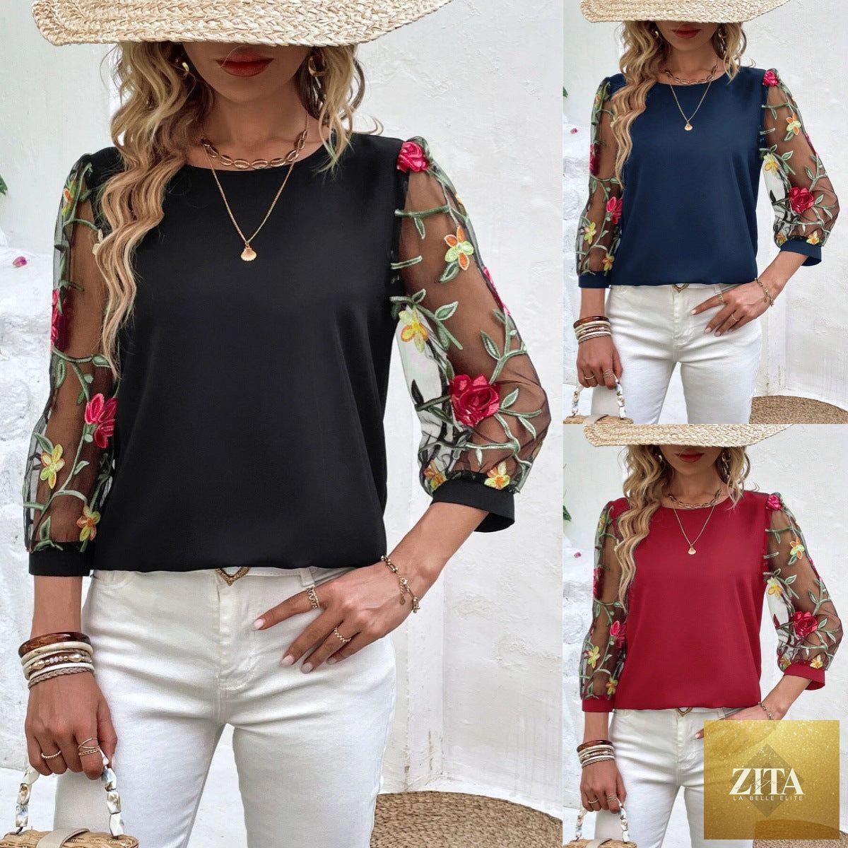 Women's mesh patchwork three-quarter sleeve casual top by Zita La Belle Elite, featuring a stylish and comfortable design.