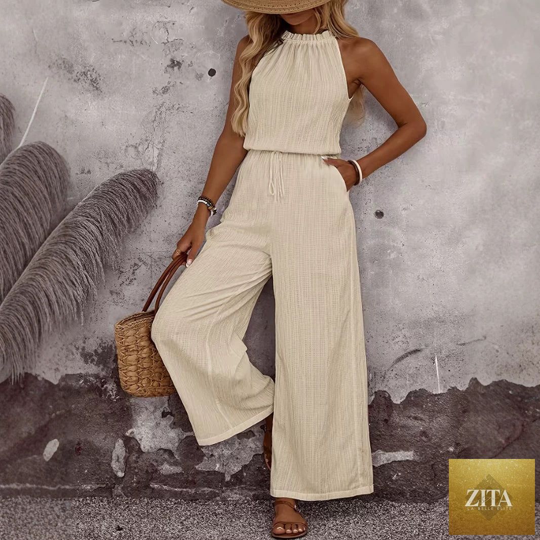 Zita La Belle Elite women's casual two-piece set with draped neck sleeveless vest and matching casual pants.