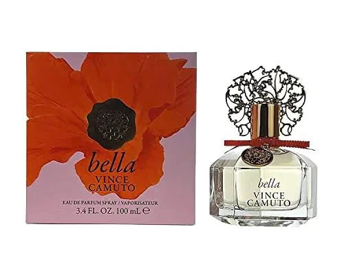 Elegant image of Bella Essence by Vince Camuto women's perfume bottle with floral design and clear glass packaging.