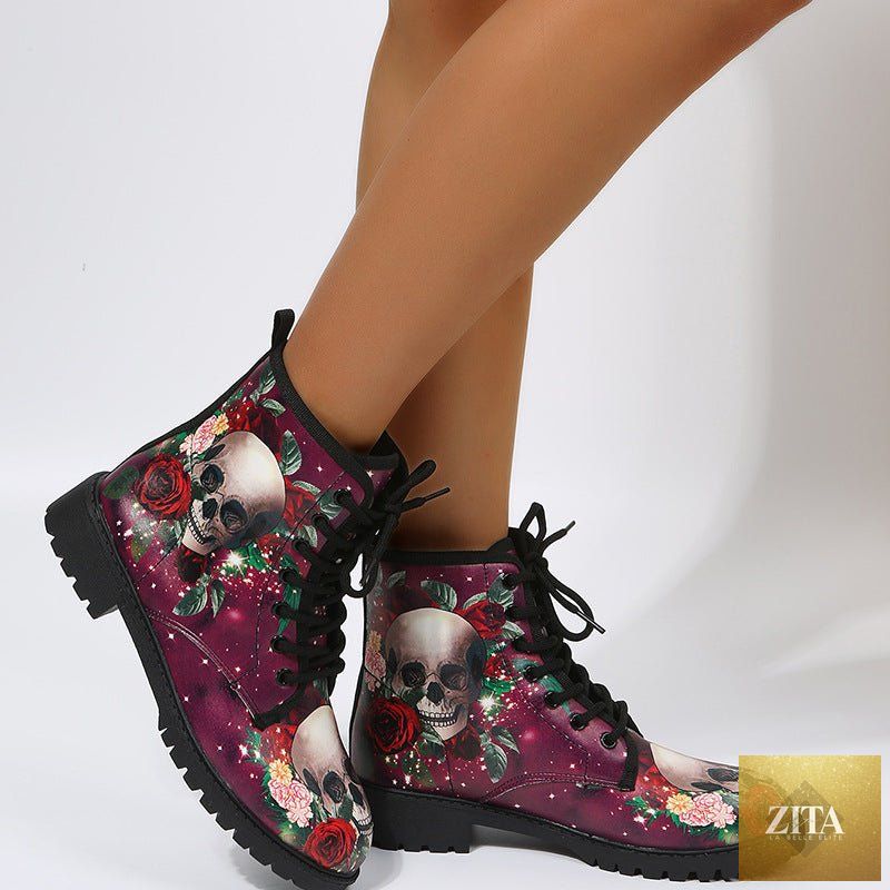 Mandotos women's workwear high top boots with large Halloween cartoon print, featuring a colorful, playful design and sturdy footwear style.