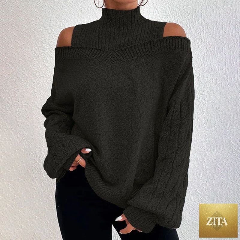 Women's FitiqueFit cold shoulder sweater with high neck and cut-out details, long sleeve casual pullover.