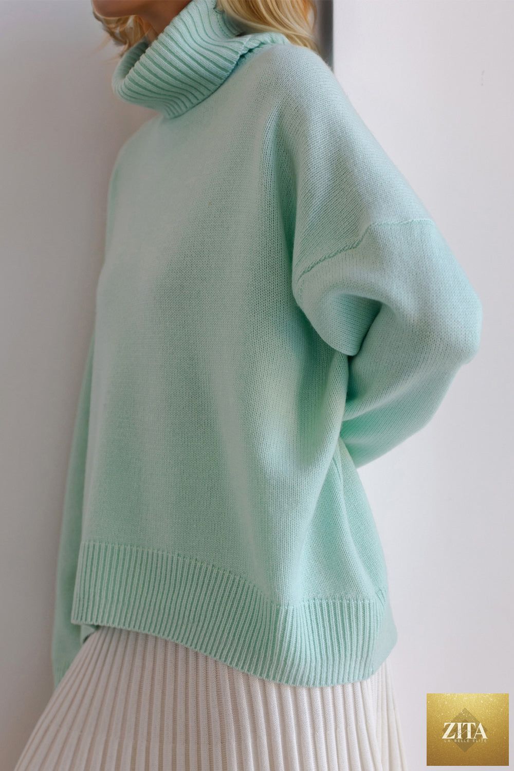 ShopBasicbae Basic Bae turtleneck sweater with dropped shoulders, long sleeves, and a cozy knit design.