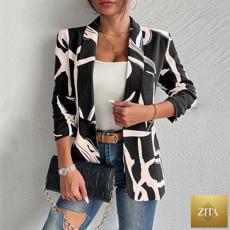 Women's abstract print blazer by FitiqueFit, casual long sleeve work jacket with button closure and stylish design.