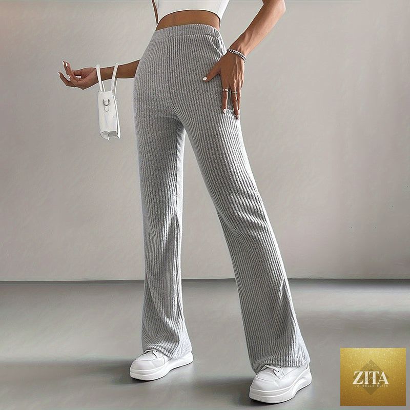 Solid rib-knit pull-on jogger pants for women by FitiqueFit, featuring a casual fit and comfortable rib-knit fabric.