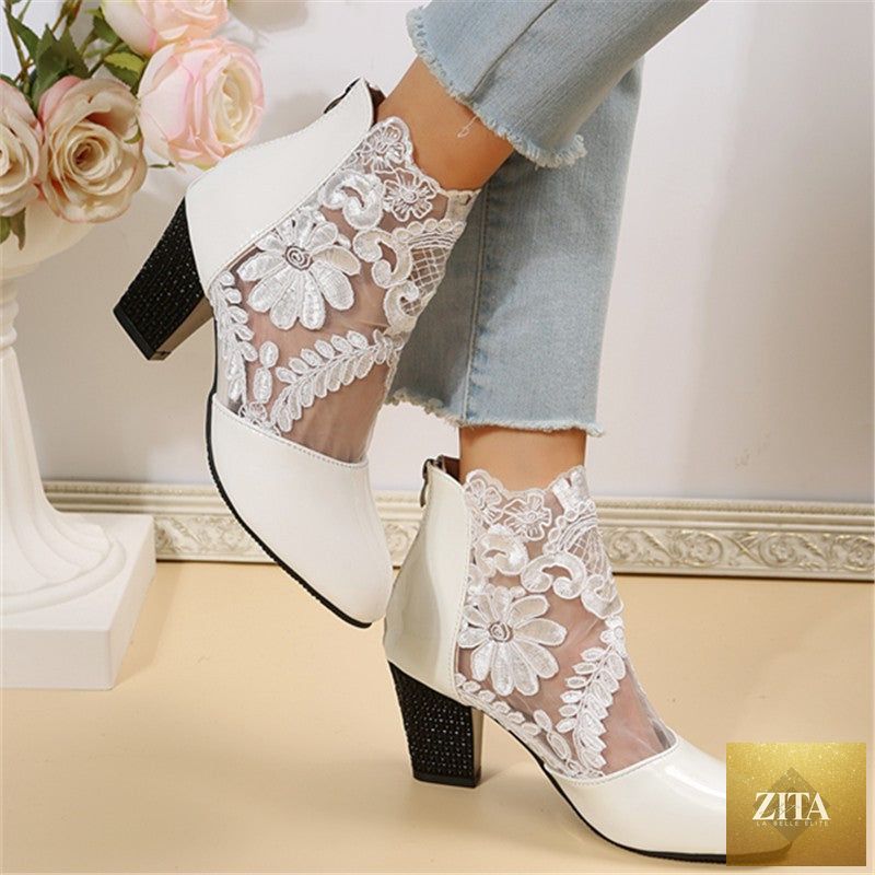 Women’s lace-embroidered mesh chunky-heel ankle boots by Zita La Belle Elite, featuring intricate lace details and stylish mesh material.