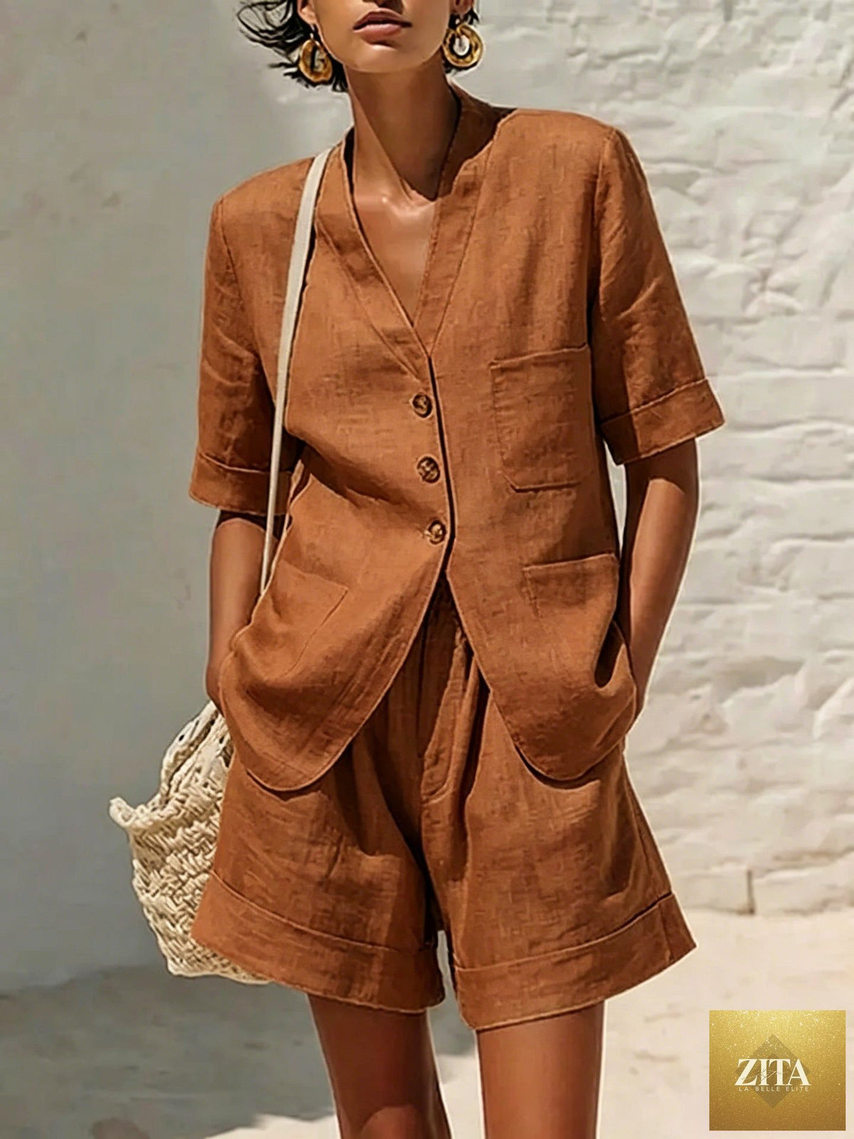 Women's cotton-linen loose-fit T-shirt and cropped shorts two-piece casualwear set by Zita La Belle Elite, displayed on a hanger.
