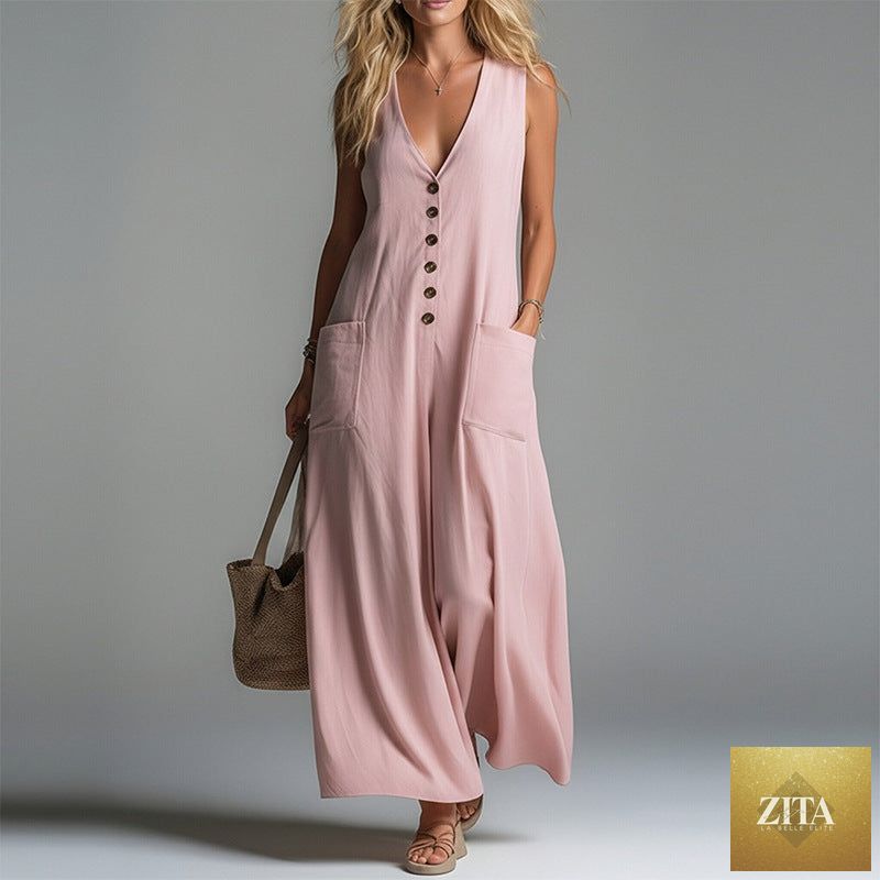 Women's V-neck sleeveless button-up pencil dress by FitiqueFit, showcasing a fitted casualwear dress with a V-neck and button details.