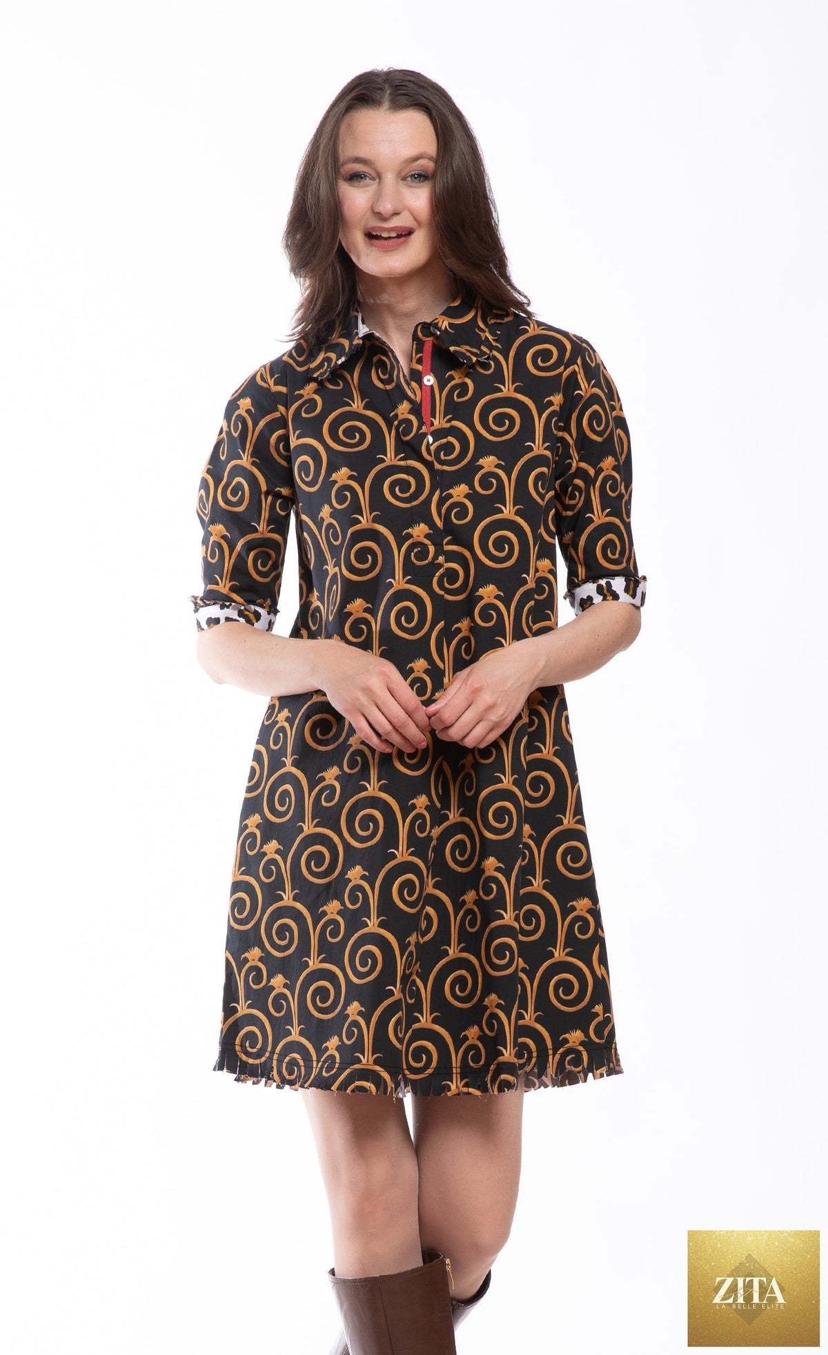 Dizzy-Lizzie Chatham black and gold swirl print dress with fitted bodice and flowing skirt, stylish and elegant for special occasions.