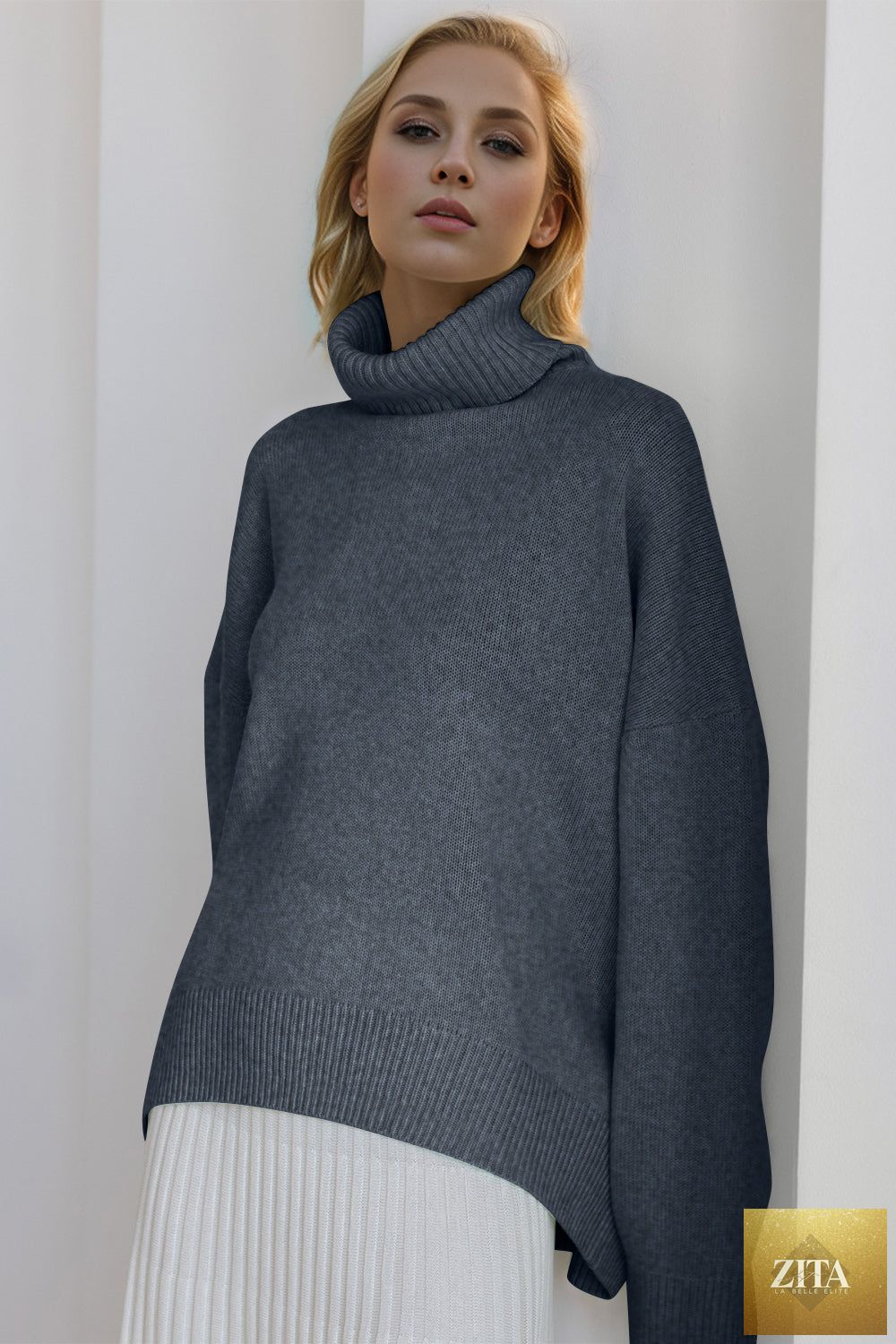 ShopBasicbae Basic Bae turtleneck sweater with dropped shoulders and long sleeves, shown in a cozy, casual fit.
