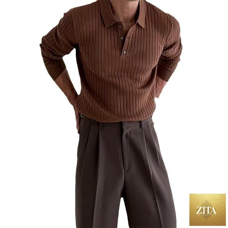 Men's slim fit polo shirt with long sleeves, lapel collar, and button detail by MANDOTOS.