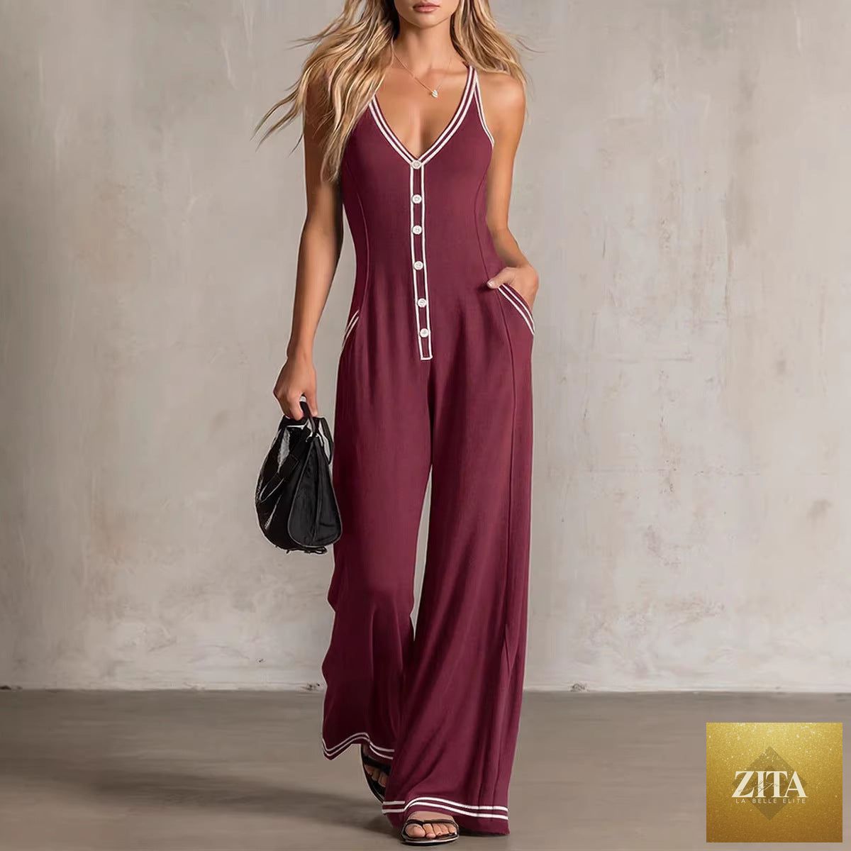 Zita La Belle Elite women's V-neck backless wide-leg jumpsuit with high waist, casual style, made of lightweight fabric.