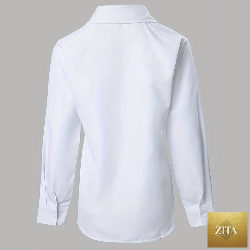 Women’s contrast lace long-sleeve button-down blouse by FitiqueFit, featuring elegant lace details and casual long-sleeve style.