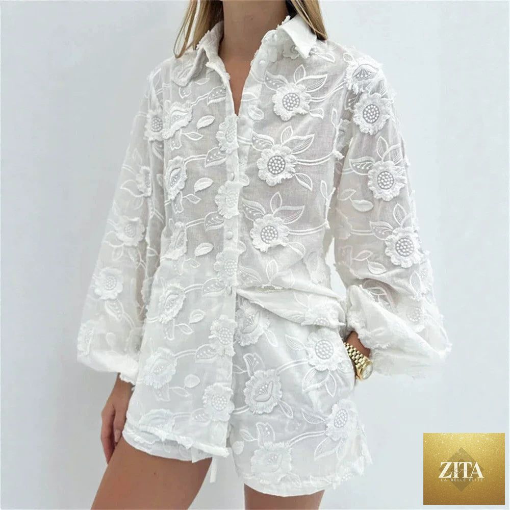 Embroidered cotton shirt and shorts two-piece set by FitiqueFit, featuring colorful embroidery and comfortable casual style.