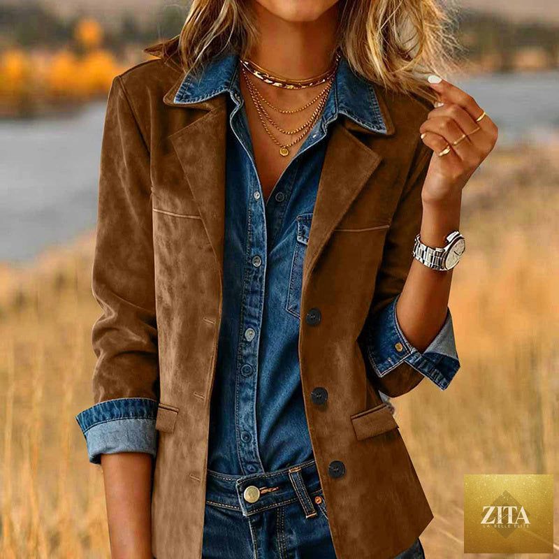 Plus size women's solid color blazer jacket by FitiqueFit, tailored fit, featuring lapels and button closure, on a plain background.