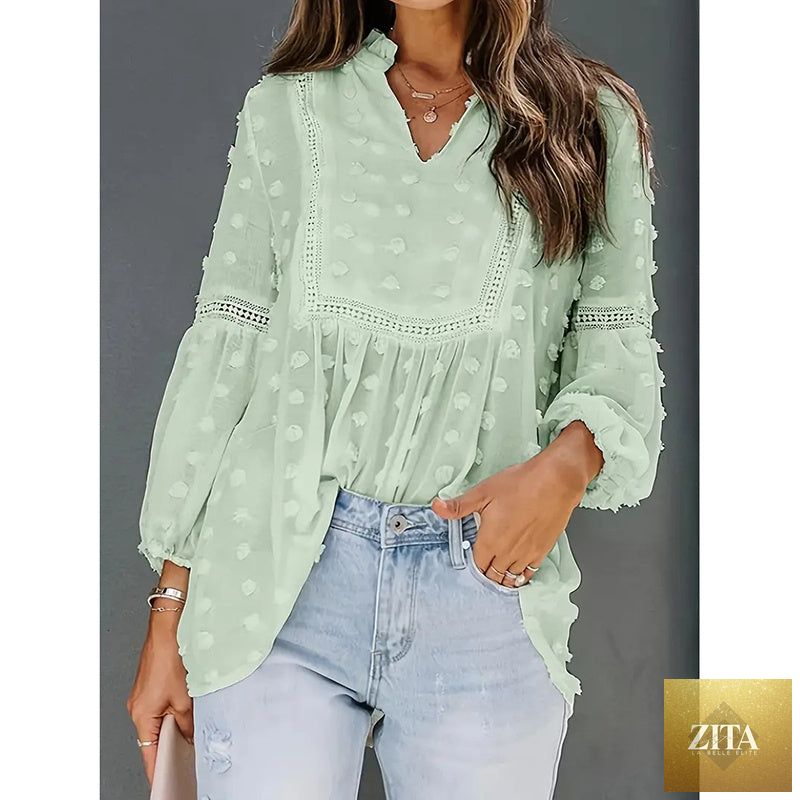 Women’s long-sleeve V-neck casual blouse by FitiqueFit, featuring a stylish and comfortable business casual design.