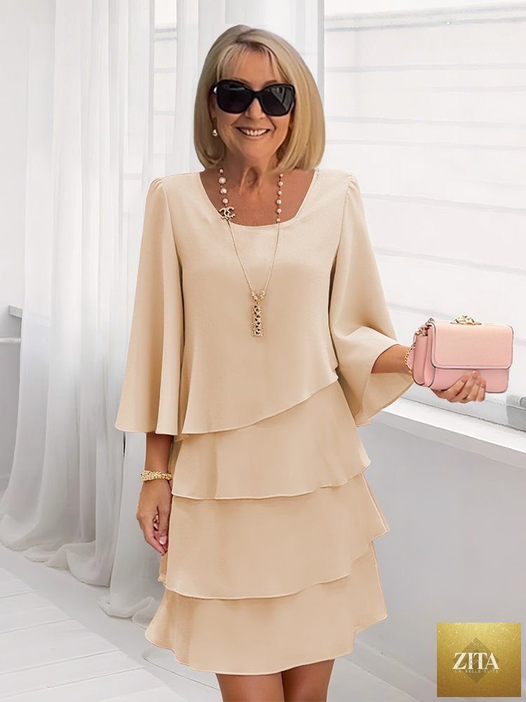 FitiqueFit patchwork cake midi dress with round neck, short sleeves, and tiered skirt, perfect for casual and summer wear.