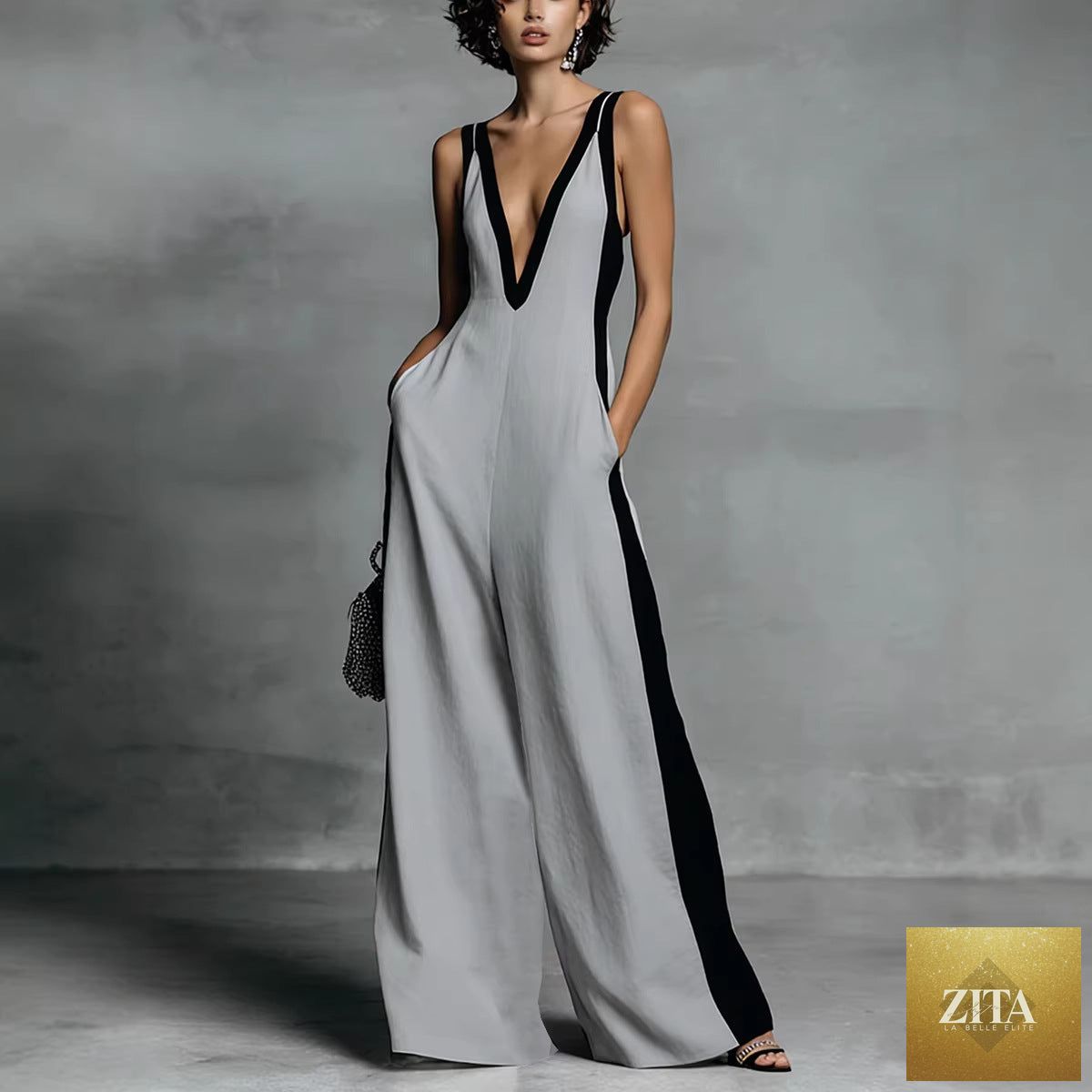 Women’s sleeveless V-neck contrast color wide-leg jumpsuit by Zita La Belle Elite, shown in casualwear style.