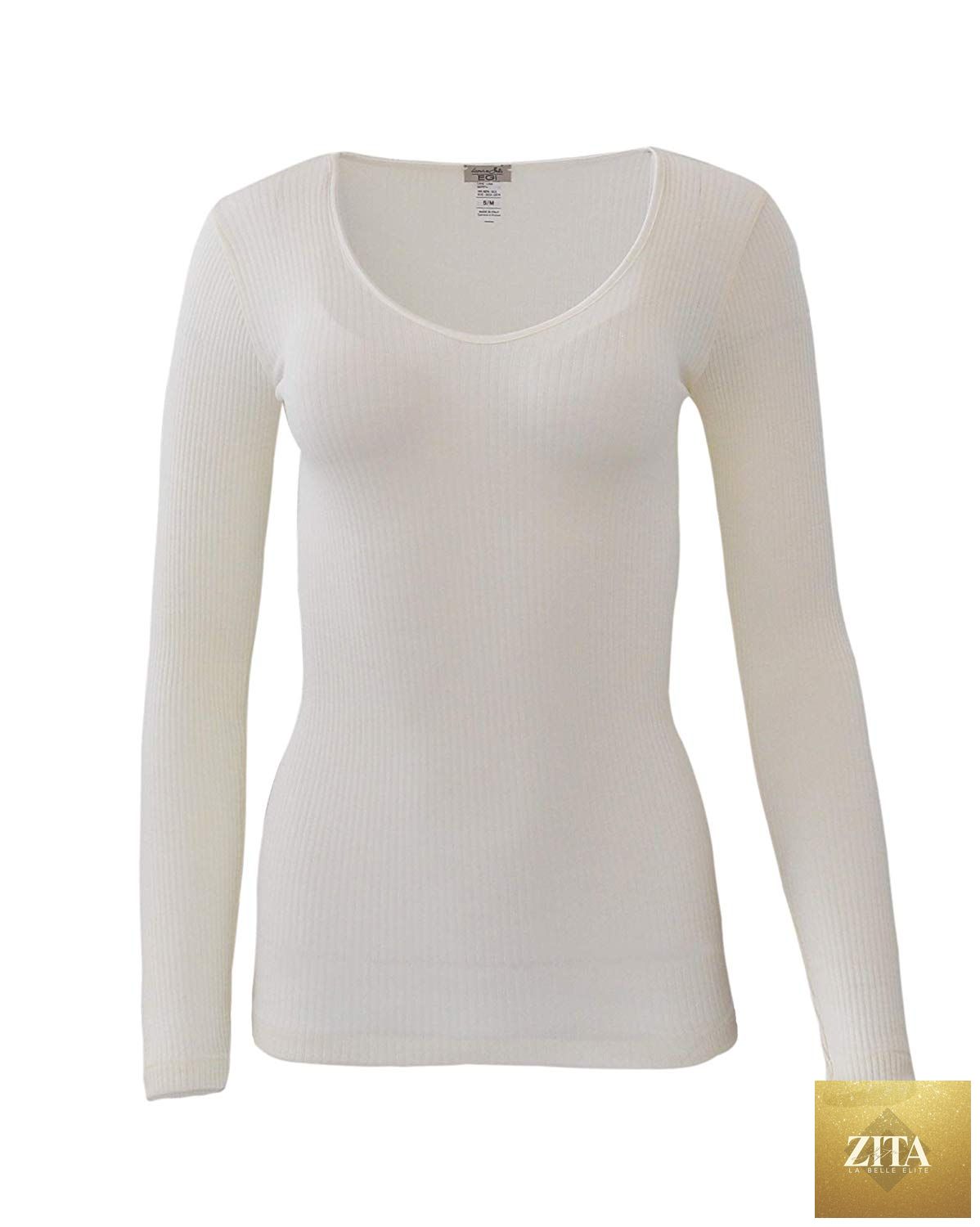 Tittimitti EGi luxury wool silk long sleeve top with satin trim, made in Italy, featuring a sleek and elegant design.