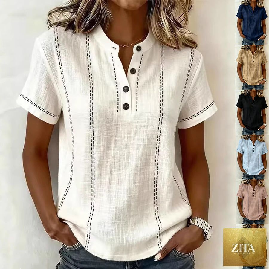 LadyShow.Store summer striped short-sleeve shirt with stand collar, V-neck, button blouse, casual women's clothing in bright colors.