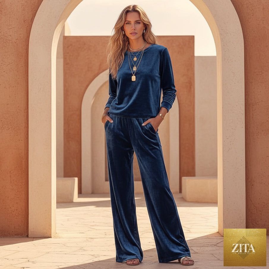 Women's Velvet Two-Piece Lounge Set – Round Neck Top & Wide-Leg Pants