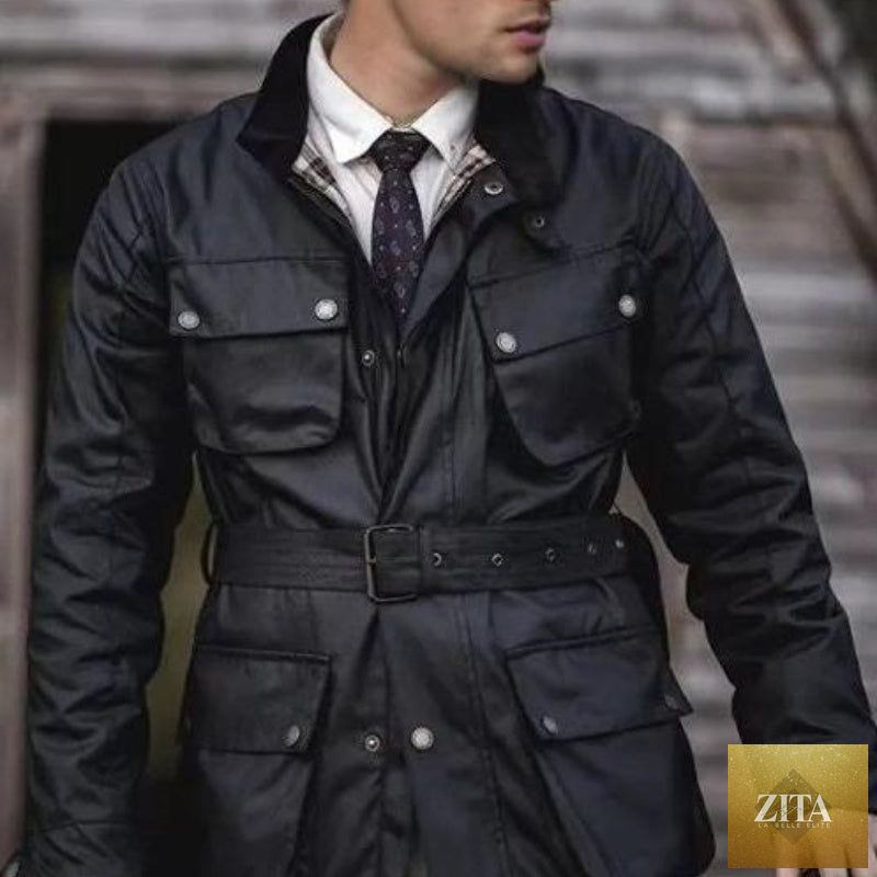 Retro oil wax trench coat for men, waterproof biker-style jacket with a classic design and durable fabric.