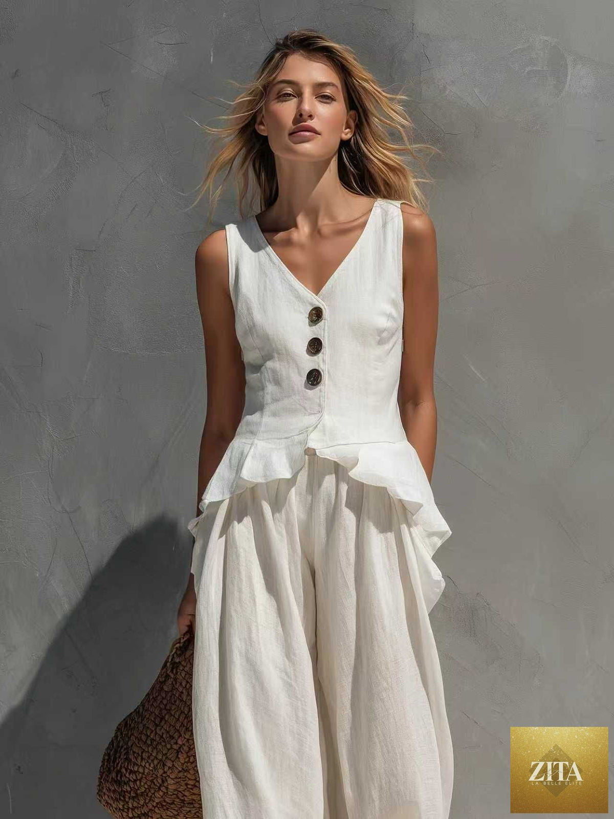 Zita La Belle Elite women's sleeveless top and wide-leg pants casualwear set in soft fabric, displayed on a neutral background.