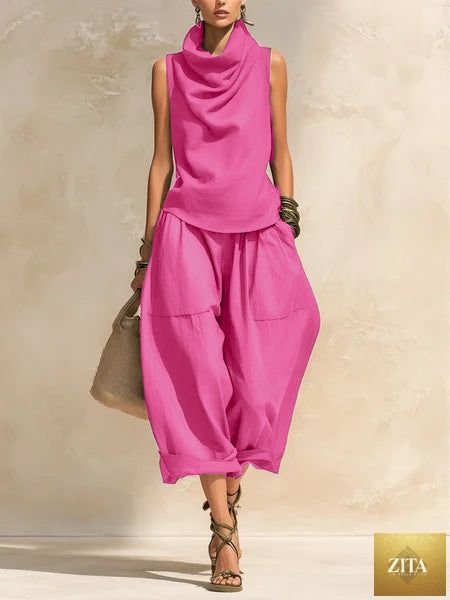 Women's Draped Cowl-Neck Sleeveless Top & Voluminous Balloon Lantern Trouser Set