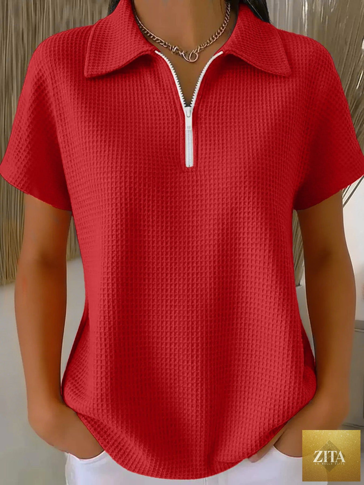 Zita La Belle Elite drop shoulder half-zip waffle knit top with 3/4 sleeves, casual pullover style, in soft textured fabric.
