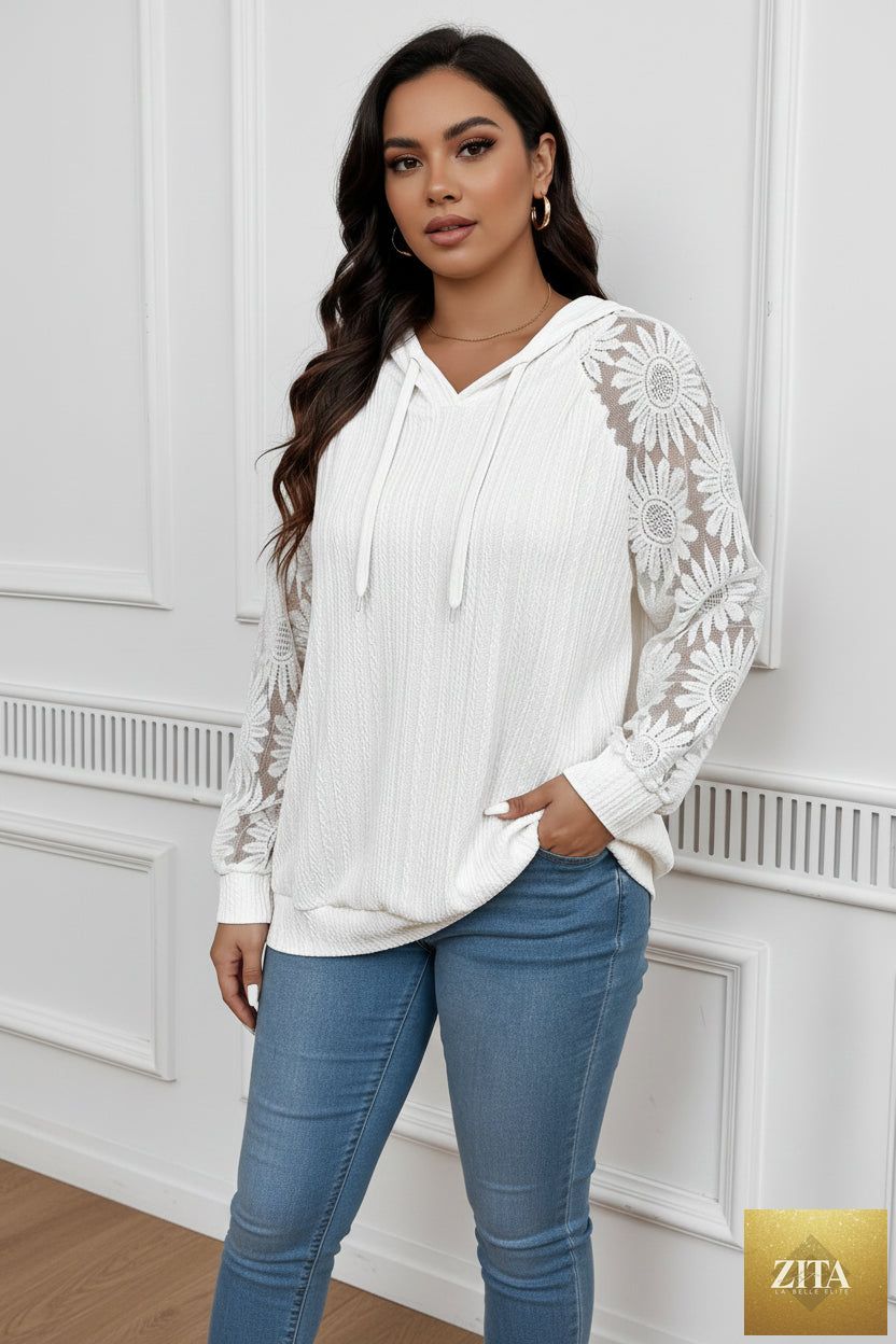 White women's long sleeve hoodie with round neck, hollow-out lace paneling, by Zita La Belle Elite, featuring stylish, breathable design.