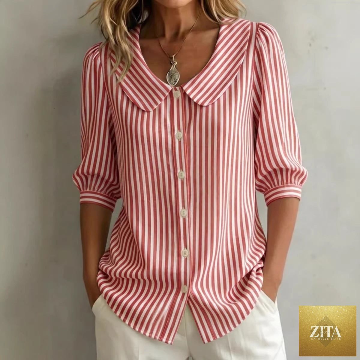 Zita La Belle Elite striped V-neck casual top with three-quarter sleeves, showcasing a stylish and comfortable casualwear shirt.