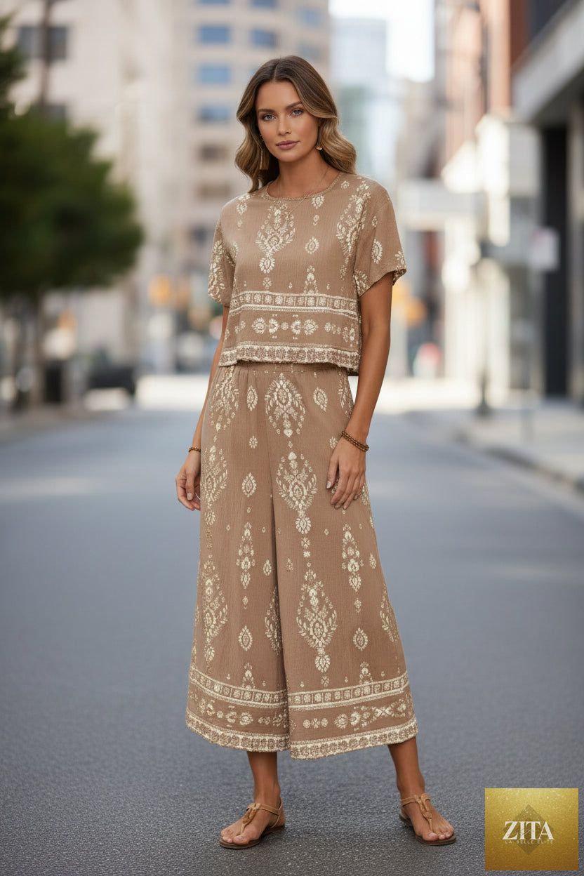 Zita La Belle Elite women's ethnic print two-piece casualwear set with a top and straight-leg pants, featuring vibrant contrast patterns.