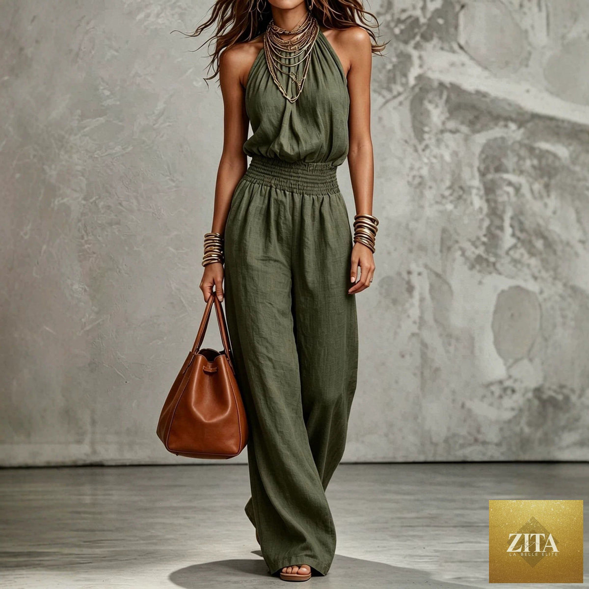 Women's sleeveless backless lace-up halter wide-leg jumpsuit by Zita La Belle Elite, featuring casualwear style and flowing fabric.