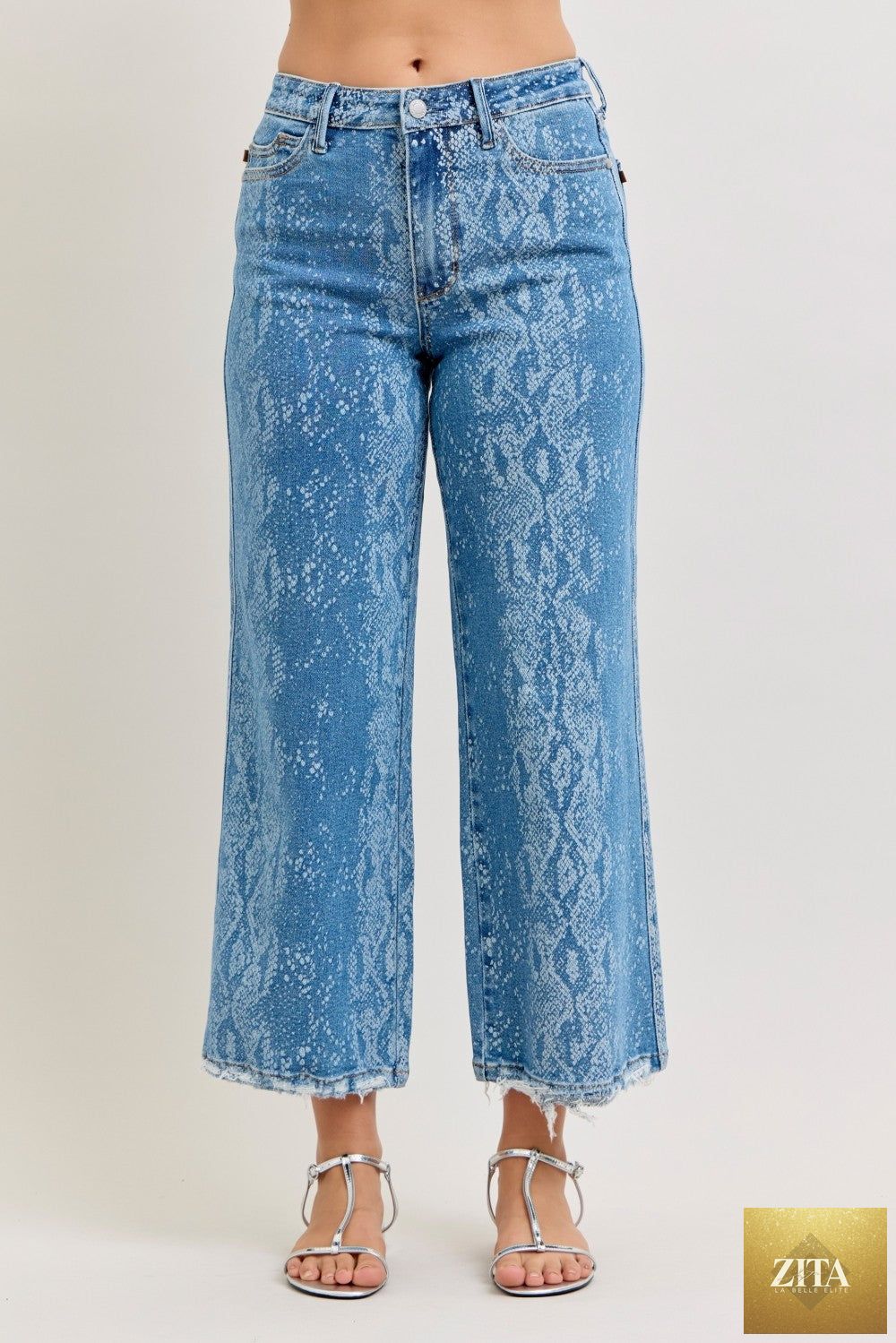 Wild and Free Boutique Judy Blue high-rise ankle wide-leg jeans, showing the fit, denim texture, and stylish design.