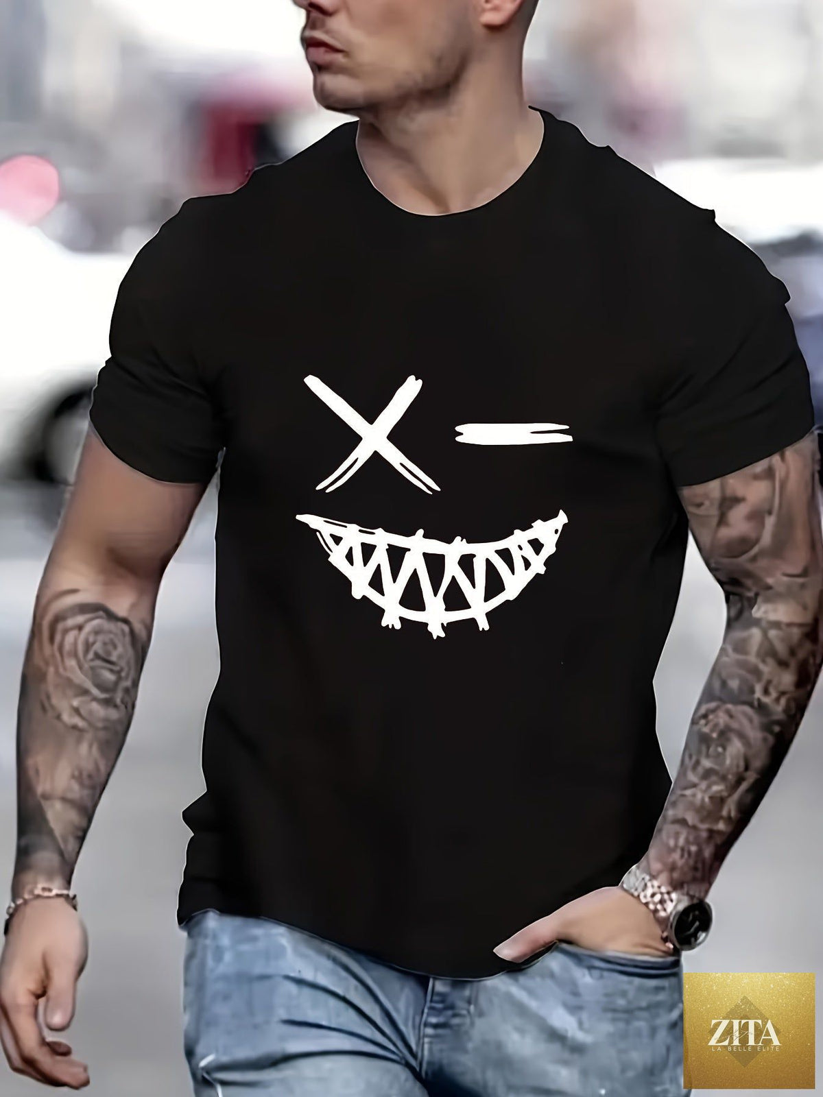 Men's FitiqueFit Evil Smile Face Polo T-shirt, trendy summer streetwear tee with bold graphic design and comfortable fit.
