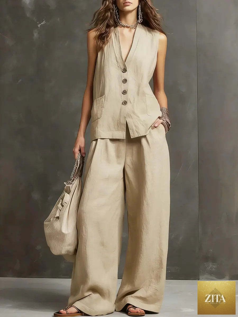 Zita La Belle Elite women's sleeveless vest and wide-leg pants two-piece casualwear set in various colors, front view.