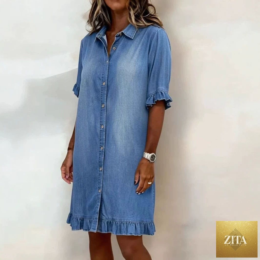 Women's faux denim shirt dress with ruffle sleeves, casualwear by FitiqueFit, shown hanging with front view and ruffle details.
