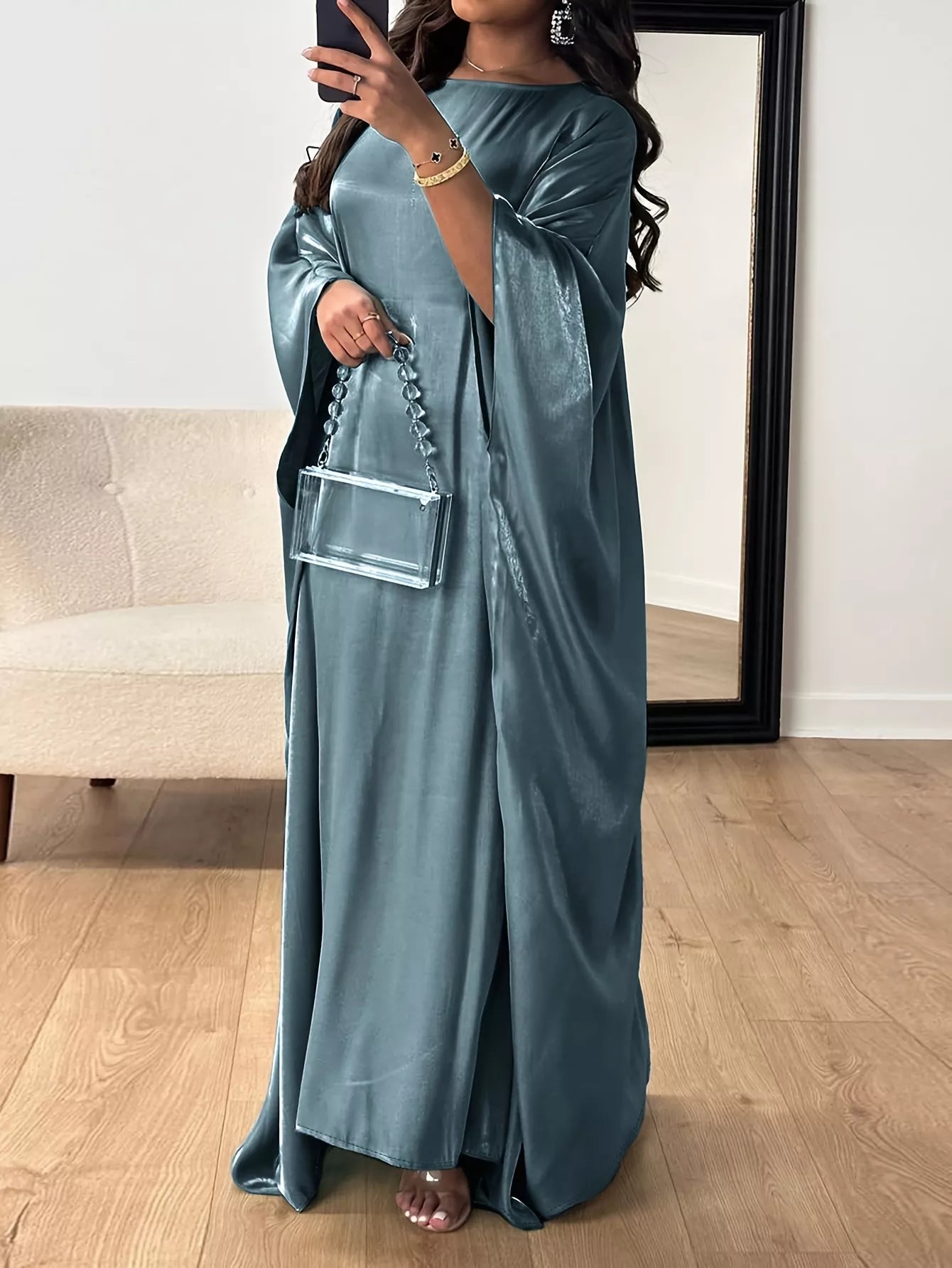 Elegant round neck kimono sleeve maxi dress from Shopiebay, flowing fabric, and stylish design perfect for casual or formal wear.