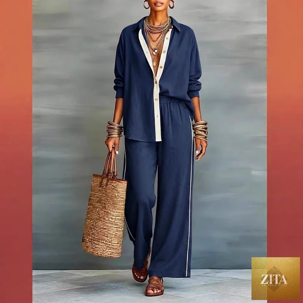 Zita La Belle Elite contrast-color long-sleeve shirt and pants casualwear set, featuring a two-piece design with bold color blocks.