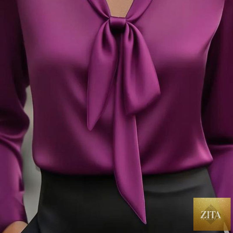 Elegant satin ribbon blouse by FitiqueFit, long sleeve button-down casual work shirt with a stylish, smooth satin finish.
