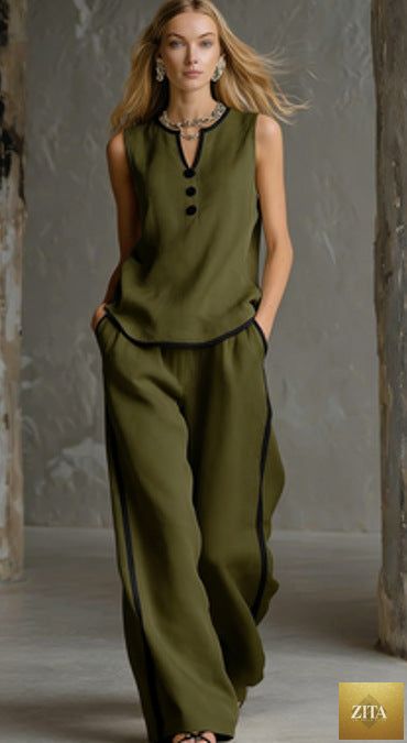 Women's minimalist sleeveless two-piece casualwear set by FitiqueFit, featuring a fitted top and matching wide-leg pants.