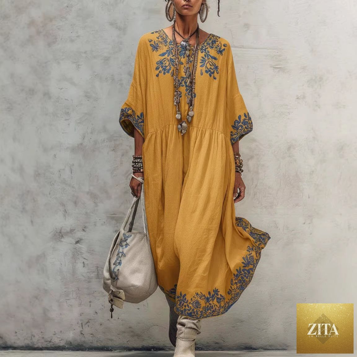 Women's printed batwing sleeve midi dress by Zita La Belle Elite, loose fit linen blend fabric, stylish and comfortable for casual wear.