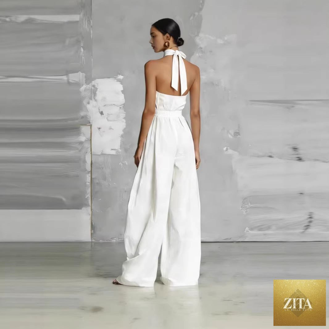 Zita La Belle Elite women's belted pleated high-waist sleeveless jumpsuit, casualwear with cinched waist and wide-leg design.