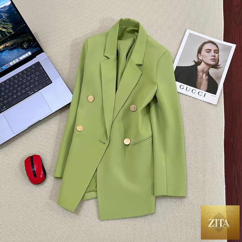 Women's solid-color long-sleeve blazer with metallic zipper detail, casualwear by FitiqueFit, shown in a stylish, fitted design.