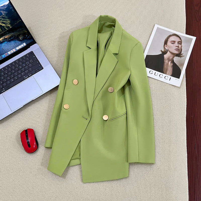 Women's solid-color long-sleeve blazer with metallic zipper detail, casualwear from FitiqueFit, shown in a stylish pose.
