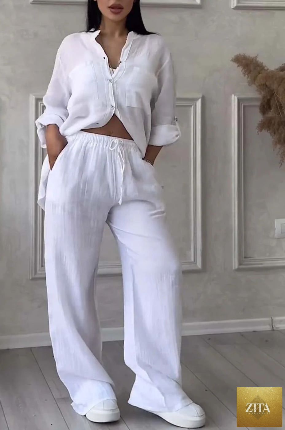 Zita La Belle Elite wide-leg pants and lace-up top two-piece set in solid color, available in sizes S to 5XL.