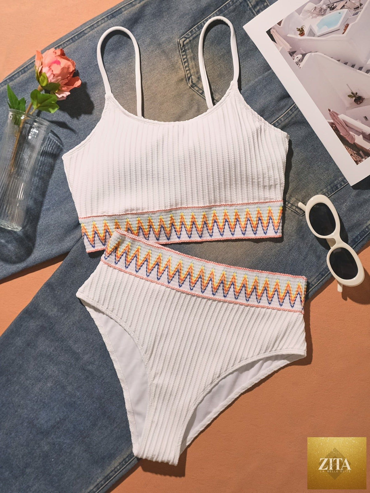 Stevvex bikini set featuring a scoop neck, high waist, solid color with contrast band, perfect for beach, pool, and summer vacations.