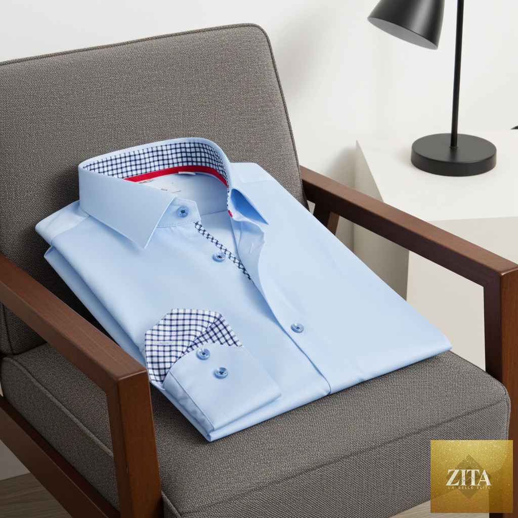 LEVINAS® blue Daniel button-up shirt with contrast details, featuring a contemporary fit, perfect for casual or professional wear.