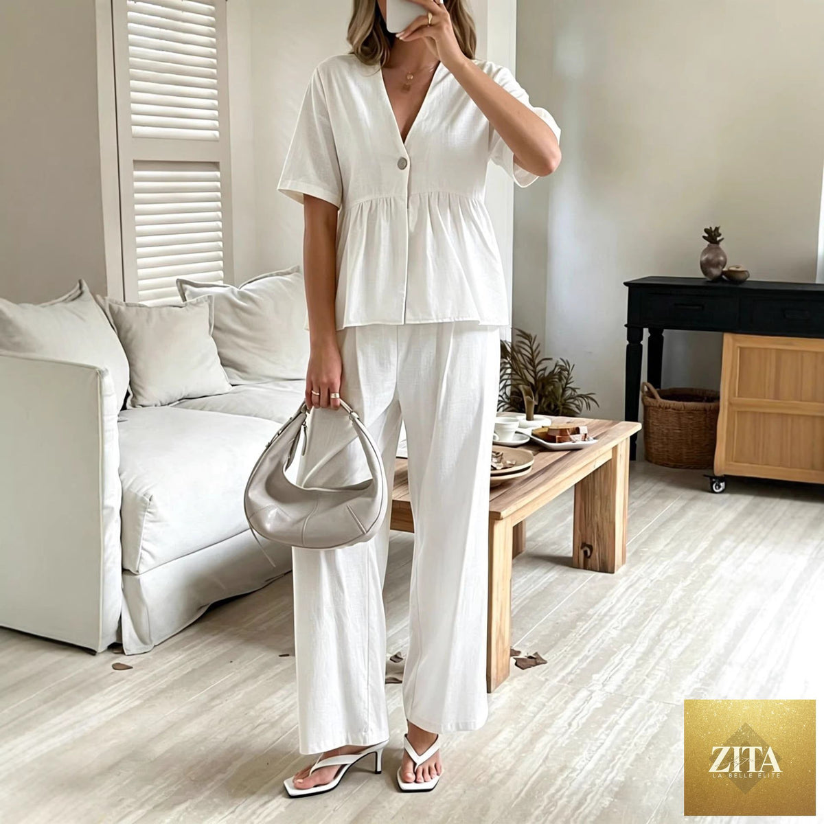 Zita La Belle Elite women's casual V-neck loose short-sleeve top and wide-leg pants set, soft fabric, relaxed fit in neutral color.