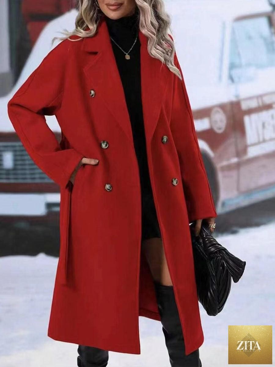 Zita La Belle Elite women's winter coat featuring a notched lapel collar, double-breasted design, belt, and long wool blend outwear.